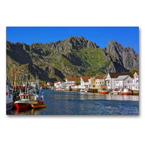 Premium Textil-Leinwand 90 x 60 cm Quer-Format Henningsvaer im Abendlicht | Wandbild, HD-Bild auf Keilrahmen, Fertigbild auf hochwertigem Vlies, Leinwanddruck von Gisela Scheffbuch