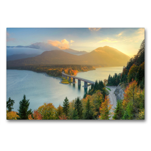 Premium Textil-Leinwand 90 x 60 cm Quer-Format Herbst am Sylvensteinsee in Bayern | Wandbild, HD-Bild auf Keilrahmen, Fertigbild auf hochwertigem Vlies, Leinwanddruck von Michael Valjak