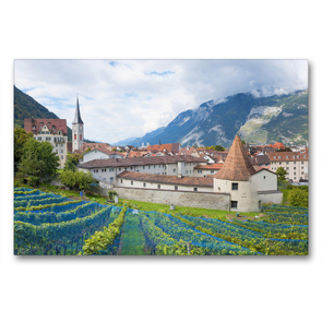 Premium Textil-Leinwand 90 x 60 cm Quer-Format Historisches Städtchen Chur inmitten von Weinbergen | Wandbild, HD-Bild auf Keilrahmen, Fertigbild auf hochwertigem Vlies, Leinwanddruck von SusaZoom