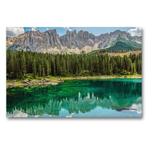 Premium Textil-Leinwand 90 x 60 cm Quer-Format Karersee eine Oase in den Südtiroler Dolomiten | Wandbild, HD-Bild auf Keilrahmen, Fertigbild auf hochwertigem Vlies, Leinwanddruck von Sascha Ferrari