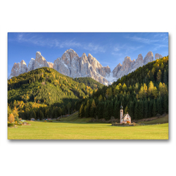 Premium Textil-Leinwand 90 x 60 cm Quer-Format Kirche St. Johann in Ranui im Villnösstal in Südtirol | Wandbild, HD-Bild auf Keilrahmen, Fertigbild auf hochwertigem Vlies, Leinwanddruck von Michael Valjak