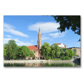 Premium Textil-Leinwand 90 x 60 cm Quer-Format Landshut – Blick auf die Stadt mit St. Martin | Wandbild, HD-Bild auf Keilrahmen, Fertigbild auf hochwertigem Vlies, Leinwanddruck von Angelika Keller