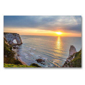 Premium Textil-Leinwand 90 x 60 cm Quer-Format Leinwand Felsenküste von Etretat bei Sonnenuntergang absolut sehenswert | Wandbild, HD-Bild auf Keilrahmen, Fertigbild auf hochwertigem Vlies, Leinwanddruck von Mike Weiwers