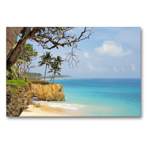 Premium Textil-Leinwand 90 x 60 cm Quer-Format Perfektes Urlaubsfeeling am paradisischen Sandstrand mit Palmen und türkisfarbenem Wasser | Wandbild, HD-Bild auf Keilrahmen, Fertigbild auf hochwertigem Vlies, Leinwanddruck von CALVENDO