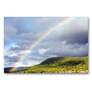 Premium Textil-Leinwand 90 x 60 cm Quer-Format Regenbogen über Pfullingen | Wandbild, HD-Bild auf Keilrahmen, Fertigbild auf hochwertigem Vlies, Leinwanddruck von GUGIGEI