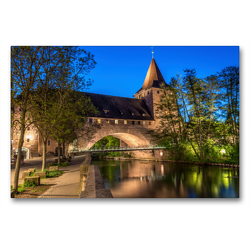 Premium Textil-Leinwand 90 x 60 cm Quer-Format Schlayerturm mit dem Kettensteg zur blauen Stunde | Wandbild, HD-Bild auf Keilrahmen, Fertigbild auf hochwertigem Vlies, Leinwanddruck von Björn Birkhahn