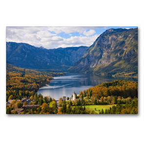 Premium Textil-Leinwand 90 x 60 cm Quer-Format See Bohinj Landschaft im Herbst | Wandbild, HD-Bild auf Keilrahmen, Fertigbild auf hochwertigem Vlies, Leinwanddruck von iPics Photography