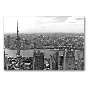 Premium Textil-Leinwand 90 x 60 cm Quer-Format Shanghai Skyline mit Pearl Tower und Huangpu River | Wandbild, HD-Bild auf Keilrahmen, Fertigbild auf hochwertigem Vlies, Leinwanddruck von Ralf Wittstock