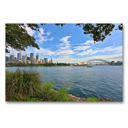 Premium Textil-Leinwand 90 x 60 cm Quer-Format Skyline von Sydney, Sydney Tower, Opera House und Harbour Bridge | Wandbild, HD-Bild auf Keilrahmen, Fertigbild auf hochwertigem Vlies, Leinwanddruck von Mathias Calabotta