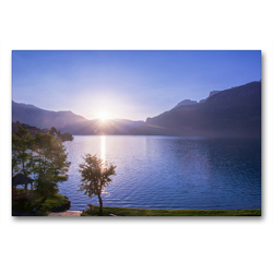 Premium Textil-Leinwand 90 x 60 cm Quer-Format Sonnenaufgang in Oberried am Brienzersee | Wandbild, HD-Bild auf Keilrahmen, Fertigbild auf hochwertigem Vlies, Leinwanddruck von Stefanie und Philipp Kellmann