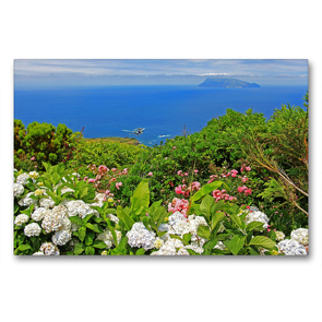 Premium Textil-Leinwand 90 x 60 cm Quer-Format Steilküste mit Blick auf Corvo auf der Azoren-Insel Flores | Wandbild, HD-Bild auf Keilrahmen, Fertigbild auf hochwertigem Vlies, Leinwanddruck von Jana Thiem-Eberitsch