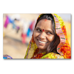 Premium Textil-Leinwand 90 x 60 cm Quer-Format VARANASI Lachende am Ganges | Wandbild, HD-Bild auf Keilrahmen, Fertigbild auf hochwertigem Vlies, Leinwanddruck von Bernd Maertens