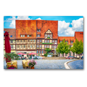 Premium Textil-Leinwand 90 x 60 cm Quer-Format Vor dem Mathildenbrunnen in der Neustadt in Quedlinburg, die vor den Mauern der Altstadt um 1200 entstand. | Wandbild, HD-Bild auf Keilrahmen, Fertigbild auf hochwertigem Vlies, Leinwanddruck von Ulrich Männel studio-fifty-five