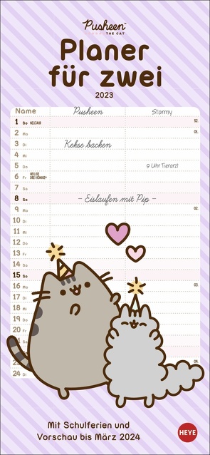 Pusheen Planer für zwei 2023. Wandplaner für 2. Partnerkalender mit 2 Spalten. Terminkalender mit niedlichen Cartoon-Katzen. Wandkalender für 2 Personen von Heye