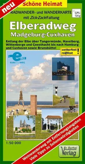 Radwander- und Wanderkarte mit Zick‑Zack‑Faltung Elberadweg, Magdeburg-Cuxhaven