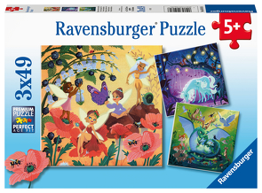 Ravensburger Kinderpuzzle – 05181 Einhorn, Drache und Fee – Puzzle für Kinder ab 5 Jahren, mit 3×49 Teilen