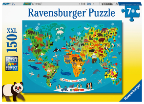 Ravensburger Kinderpuzzle – Tierische Weltkarte – 150 Teile Puzzle für Kinder ab 7 Jahren