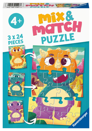 Ravensburger Kinderpuzzle – 05197 Mix&Match Niedliche Dinos – Puzzle für Kinder ab 4 Jahren, mit 3×24 Teilen