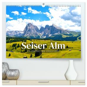 Seiser Alm – Im Herzen der Dolomiten. (hochwertiger Premium Wandkalender 2024 DIN A2 quer), Kunstdruck in Hochglanz von Monkey,  Happy