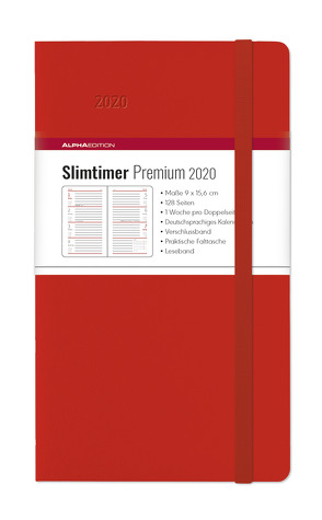 Slimtimer Premium Red 2020 – Taschenplaner – Taschenkalender (9 x 16) – mit Verschlussband und Falttasche – Balacron Einband – Weekly – 128 Seiten von ALPHA EDITION