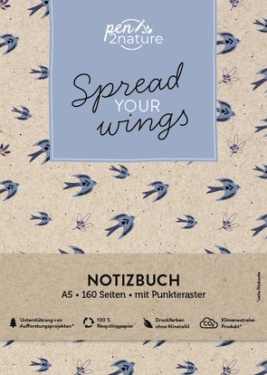 Spread Your Wings • Nachhaltiges Notizbuch in A5 mit Hardcover und Vogel-Motiv