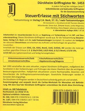 STEUERERLASSE Dürckheim-Griffregister Nr. 1453 (2018/57.EL) mit Stichworten von Dürckheim,  Constantin von, Glaubitz,  Thorsten, Knoch,  Simone, Kuhn,  Simon, Magerova,  Lenka, Olenberg,  Elvira, Rüppel,  Elena, Saradjuk,  Johannes