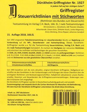 STEUERRICHTLINIEN Dürckheim-Griffregister Nr. 1927 (2018/166. EL) mit Stichworten aus der Gesetzesüberschrift von Cramer,  Jens, Dürckheim,  Constantin, Glaubitz,  Thorsten, Kneveler,  Manuela, Kuhn,  Simon, Magerowa,  Lenka, Olenberg,  Elvira, Rauscher,  Kai, Rüppel,  Elena, Saradjuk,  Johannes