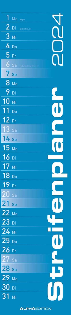 Streifenplaner BLAU 2024 – Streifenkalender – Wandplaner – Küchen-Kalender – 11,3×49,5