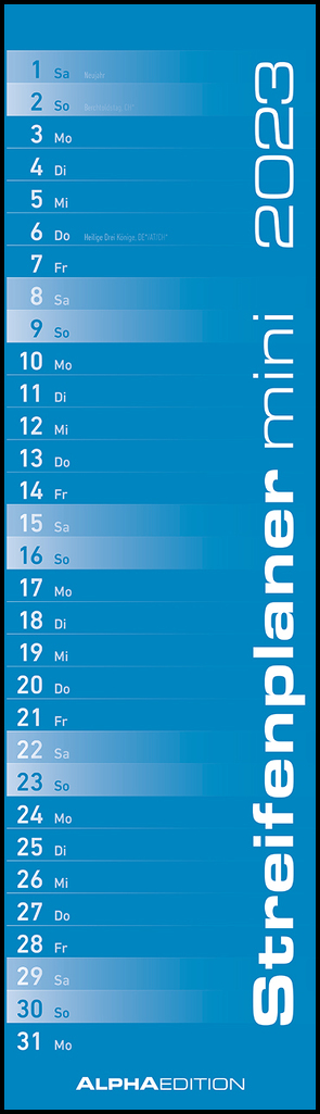 Streifenplaner Mini BLAU 2023 – Streifenkalender – Wandplaner – Küchen-Kalender – 9,5×33