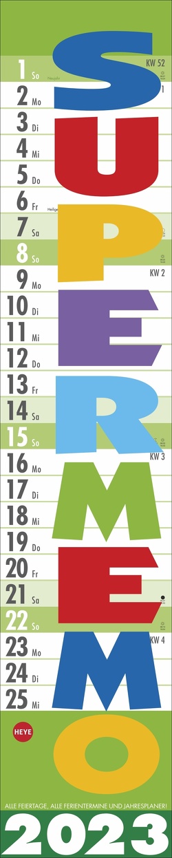 Supermemo Kalender 2023. Streifenkalender fürs Büro. Langer Wandkalender mit einer Spalte zum Eintragen. Büro-Kalender 2023. Kalender vertikal zum Aufhängen. 17×85 cm von Heye