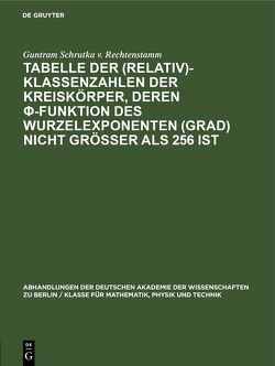 Tabelle der (Relativ)-Klassenzahlen der Kreiskörper, deren φ-Funktion des Wurzelexponenten (Grad) nicht größer als 256 ist von Schrutka v. Rechtenstamm,  Guntram Tabelle der (Relativ)-Klassenzahlen der Kreiskörper, deren φ-Funktion des Wurzelexponenten (Grad) nicht größer als 256 ist von Schrutka v. Rechtenstamm,  Guntram