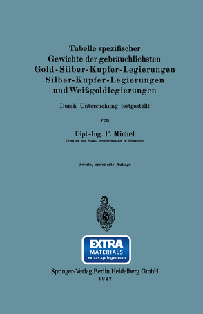 Tabelle spezifischer Gewichte der gebräuchlichsten Gold-Silber-Kupfer-Legierungen Silber-Kupfer-Legierungen und Weißgoldlegierungen von Michel,  Fritz