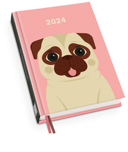 Mops Taschenkalender 2024 – Tier-Illustration von Dawid Ryski – Terminplaner mit Wochenkalendarium – Format 11,3 x 16,3 cm von Ryski,  Dawid