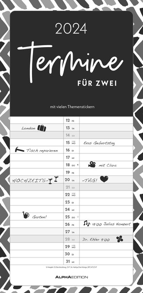 Termine für 2 Black and White 2024 Familienplaner – Timer – Termin-Planer – Couple-Kalender – Familien-Kalender – 22×45