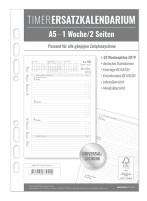 Timer Ersatzkalendarium A5 1 Woche – 2 Seiten 2019 von ALPHA EDITION