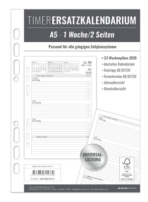 Timer Ersatzkalendarium A5 2020 – Bürokalender – Buchkalender A5 (15 x 21) – Universallochung – 1 Woche 2 Seiten – 128 Seiten von ALPHA EDITION