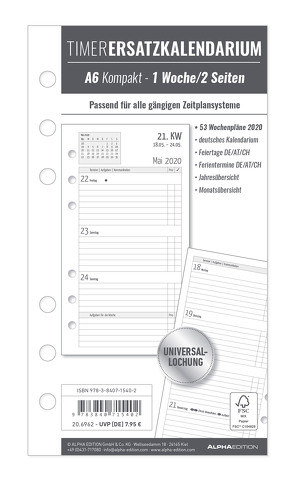 Timer Ersatzkalendarium A6 2020 – Bürokalender – Buchkalender A6 (9,5 x 17)- Universallochung – 1 Woche 2 Seiten – 128 Seiten von ALPHA EDITION