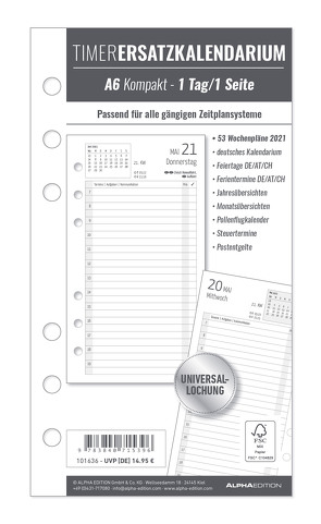 Timer Ersatzkalendarium A6 2021 – Bürokalender – Buchkalender A6 (9,5×17 cm) – Universallochung – 1 Tag 1 Seite – 352 Seiten – Alpha Edition