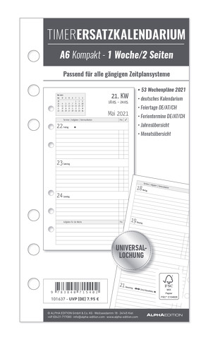 Timer Ersatzkalendarium A6 2021 – Bürokalender – Buchkalender A6 (9,5×17 cm)- Universallochung – 1 Woche 2 Seiten – 128 Seiten – Alpha Edition