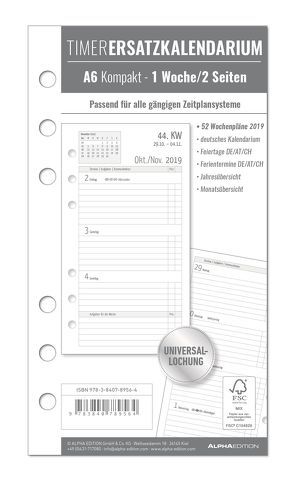 Timer Ersatzkalendarium A6 Kompakt 1 Woche – 2 Seiten 2019 von ALPHA EDITION