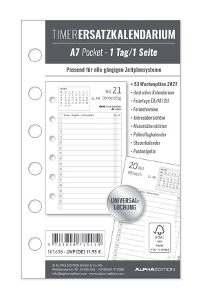 Timer Ersatzkalendarium A7 2021 – Bürokalender – Buchkalender A7 (8×13 cm) – Universallochung – 1 Tag 1 Seite – 352 Seiten – Alpha Edition