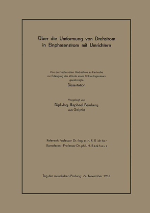 Über die Umformung von Drehstrom in Einphasenstrom mit Umrichtern von Feinberg,  Raphael