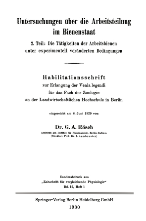 Untersuchungen über die Arbeitsteilung im Bienenstaat von Rösch,  Gustav Adolf