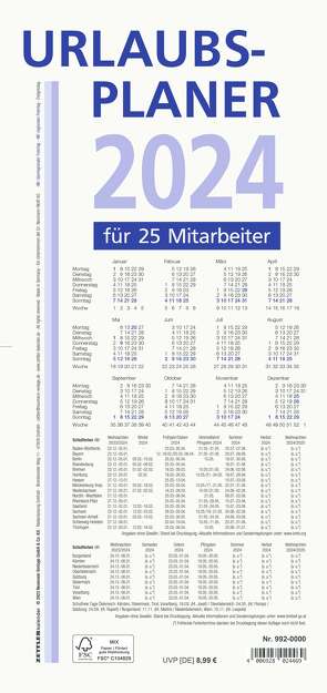 Urlaubsplaner 2024 100×29,7 – 16 Monate- Wandplaner – gefalzt – für 25 Personen – 992-0000