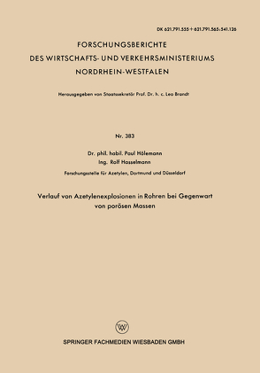 Verlauf von Azetylenexplosionen in Rohren bei Gegenwart von porösen Massen von Hölemann,  Paul