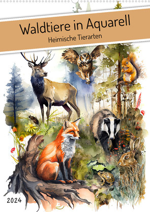 Waldtiere in Aquarell – Heimische Tierarten (Wandkalender 2024 DIN A2 hoch) von Frost,  Anja