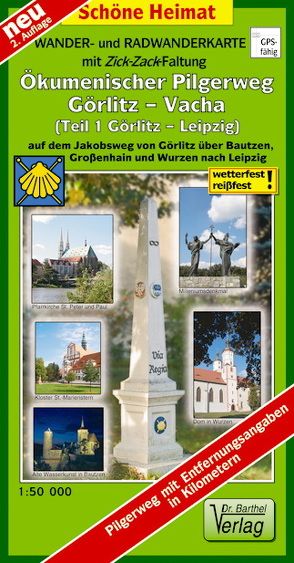 Wander- und Radwanderkarte Ökumenischer Pilgerweg Görlitz-Vacha (Teil 1 Görlitz-Leipzig) mit Zick-Zack-Faltung. 1:50000