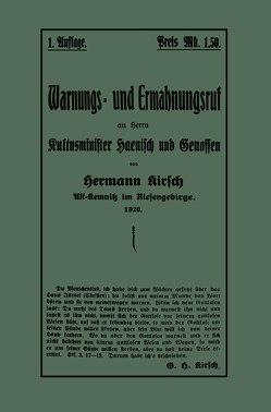 Warnungs- und Ermahnungsruf an Herrn Kultusminister Haenisch und Genossen von Kirsch,  Hermann