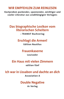 Wir empfehlen zum Reinlesen unsere Spitzentitel Herbst 2015 von A,  Assoziation, Buchverlag,  Transit, fünf,  Edition, Jansson,  Tove, Louisoder, Nautilus,  Edition, Pehnt,  Annette, Rose,  C.D., Ruffato,  Luiz, Sinha,  Shumona, Torrès,  Tereska, Vladislavić,  Ivan, Woolf,  Virginia