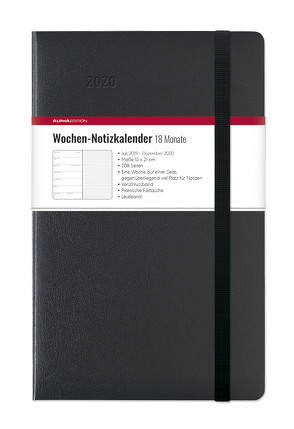 Wochen Notizkalender 18 Monate groß Black 2020 – Taschenplaner (13 x 21) – mit Verschlussband und Falttasche – Juli 2019 bis Dez 2020 – Weekly – 128 Seiten von ALPHA EDITION